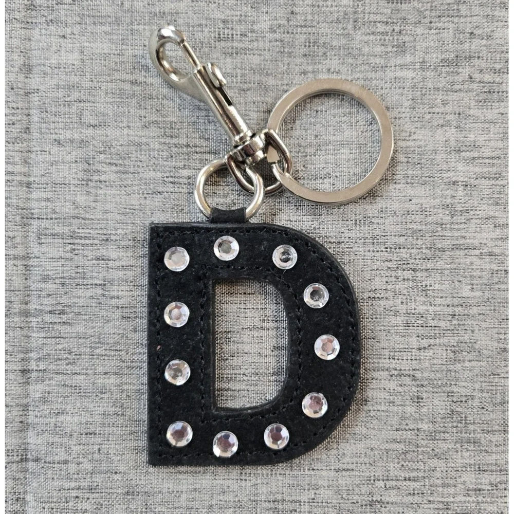 D Initial With Clear Rhinestone On Black Keychain Silver-tone Lobster Clasp